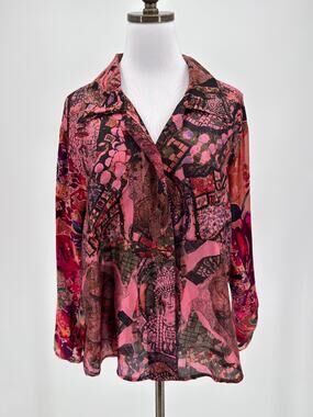 Vintage URU Vibrant Pink Black Mixed Media Artsy Long Sleeve Blouse Top